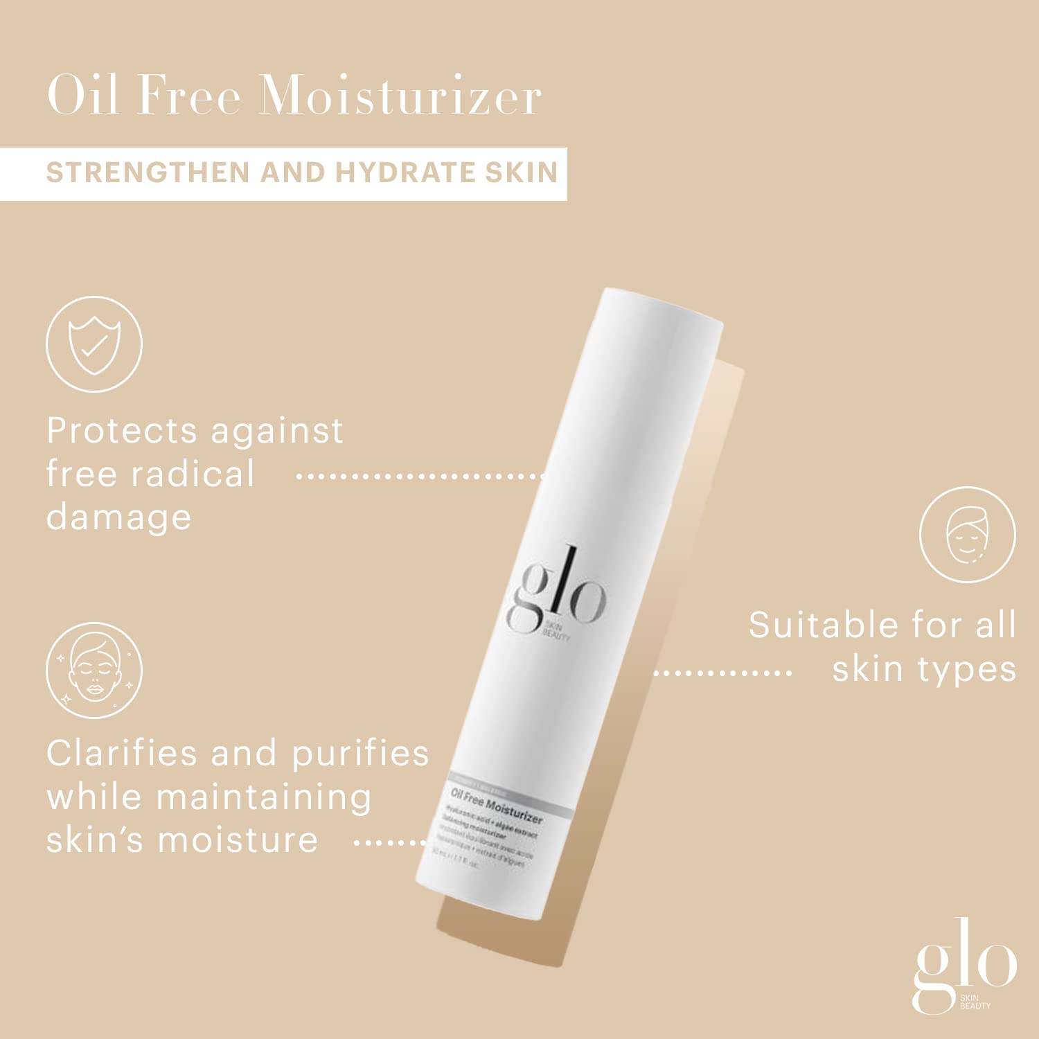 Glo Skin Beauty Oil Free Moisturizer texture swirl demonstrates non-greasy hydration with algae and hyaluronic acid