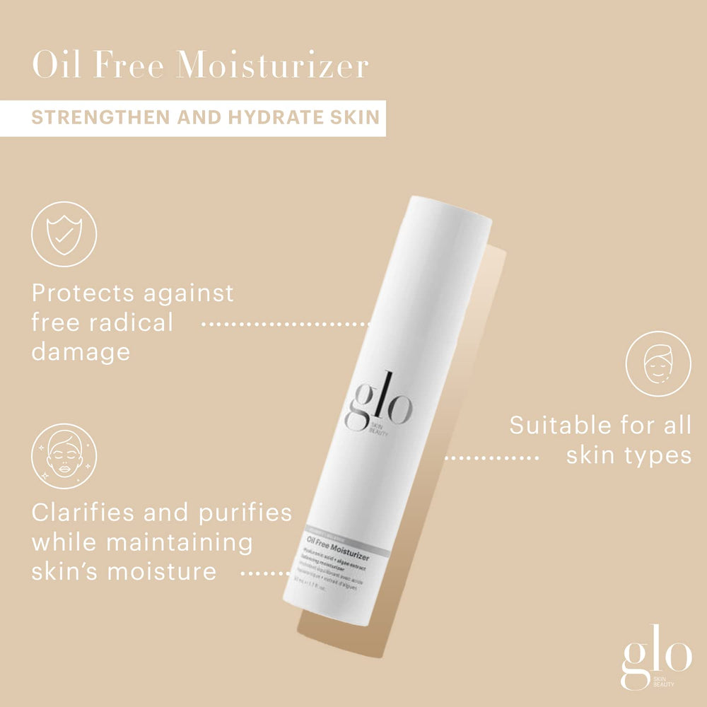 Glo Skin Beauty Oil Free Moisturizer texture swirl demonstrates non-greasy hydration with algae and hyaluronic acid