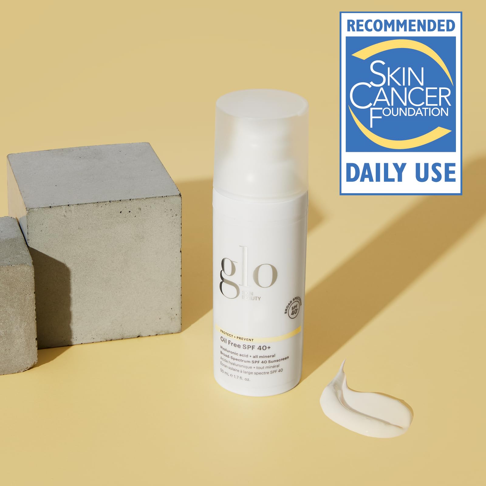 Glo Skin Beauty oil-free SPF 40 texture swirl highlights blendable, invisible finish.