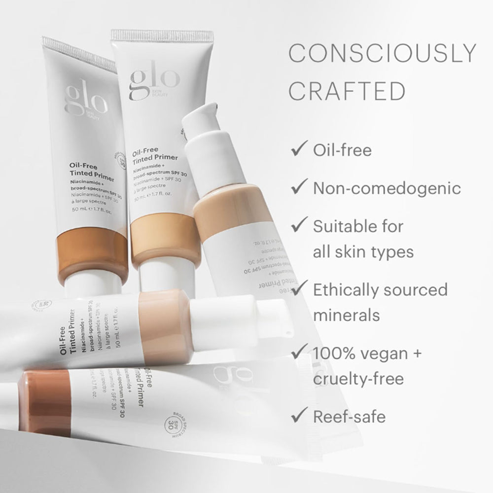 Glo Skin Beauty SPF 30 label emphasizes UVA/UVB and blue light protection.