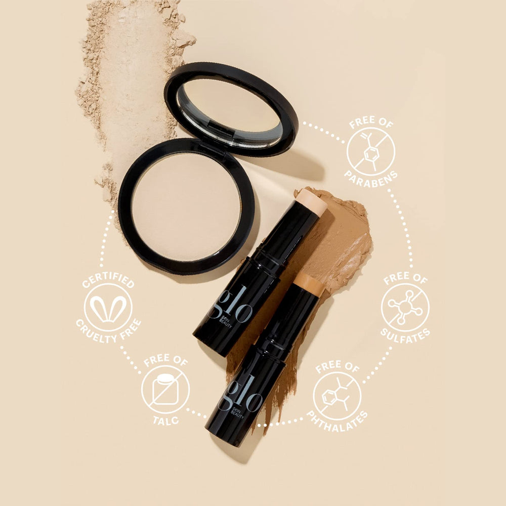 Glo Skin Beauty pressed base powder foundation Honey Medium on face delivers radiant semi-matte finish