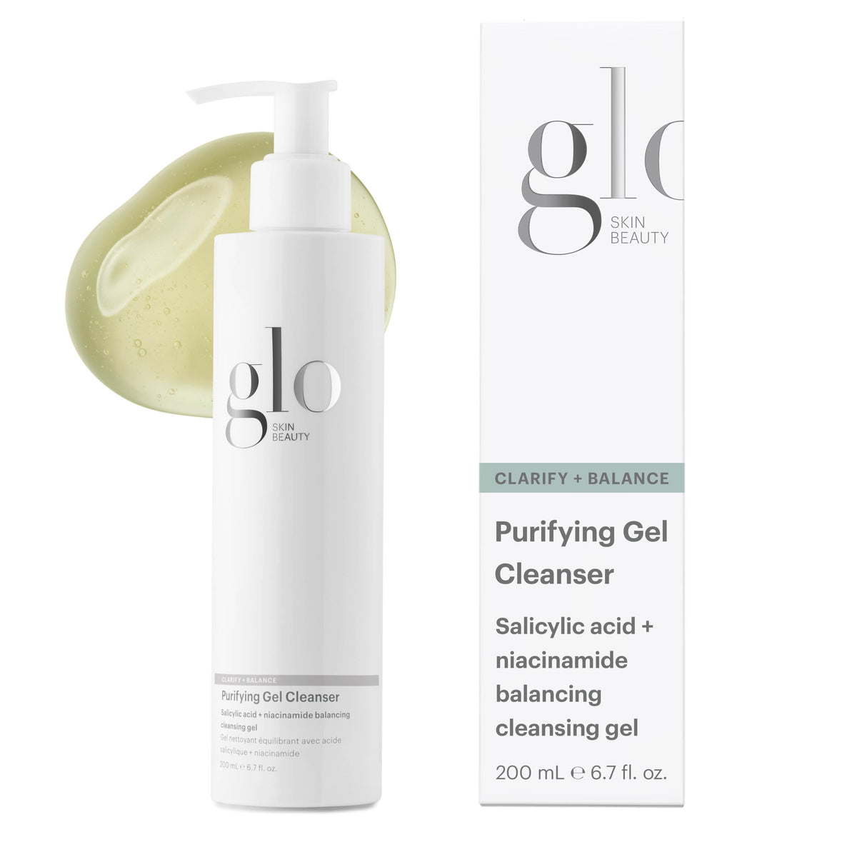 Glo Skin Beauty Purifying Gel Cleanser bottle close-up showing pore-clearing, refreshing cleanse