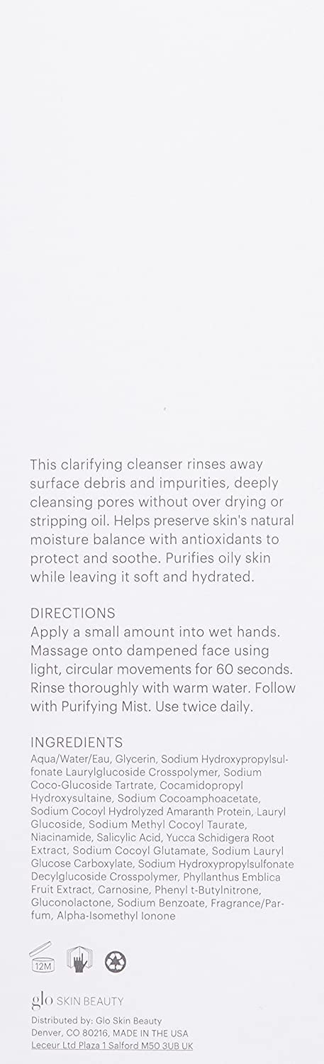 Packaging back view of Glo Skin Beauty Purifying Gel Cleanser with ingredient highlights
