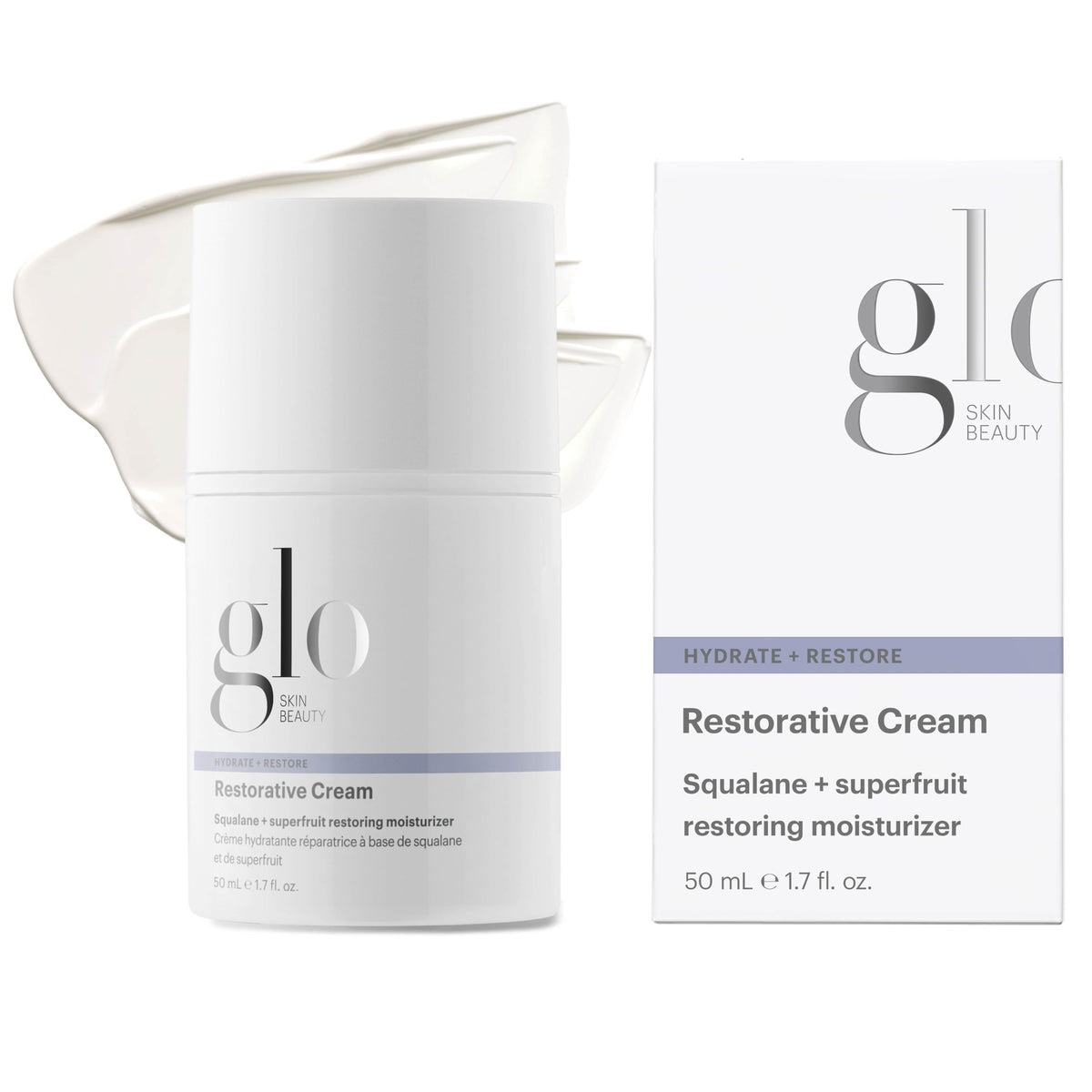 Glo Skin Beauty Restorative Cream bottle close-up showing rich moisture for dry skin