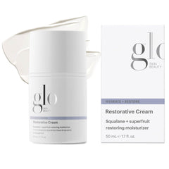 Glo Skin Beauty Restorative Cream bottle close-up showing rich moisture for dry skin