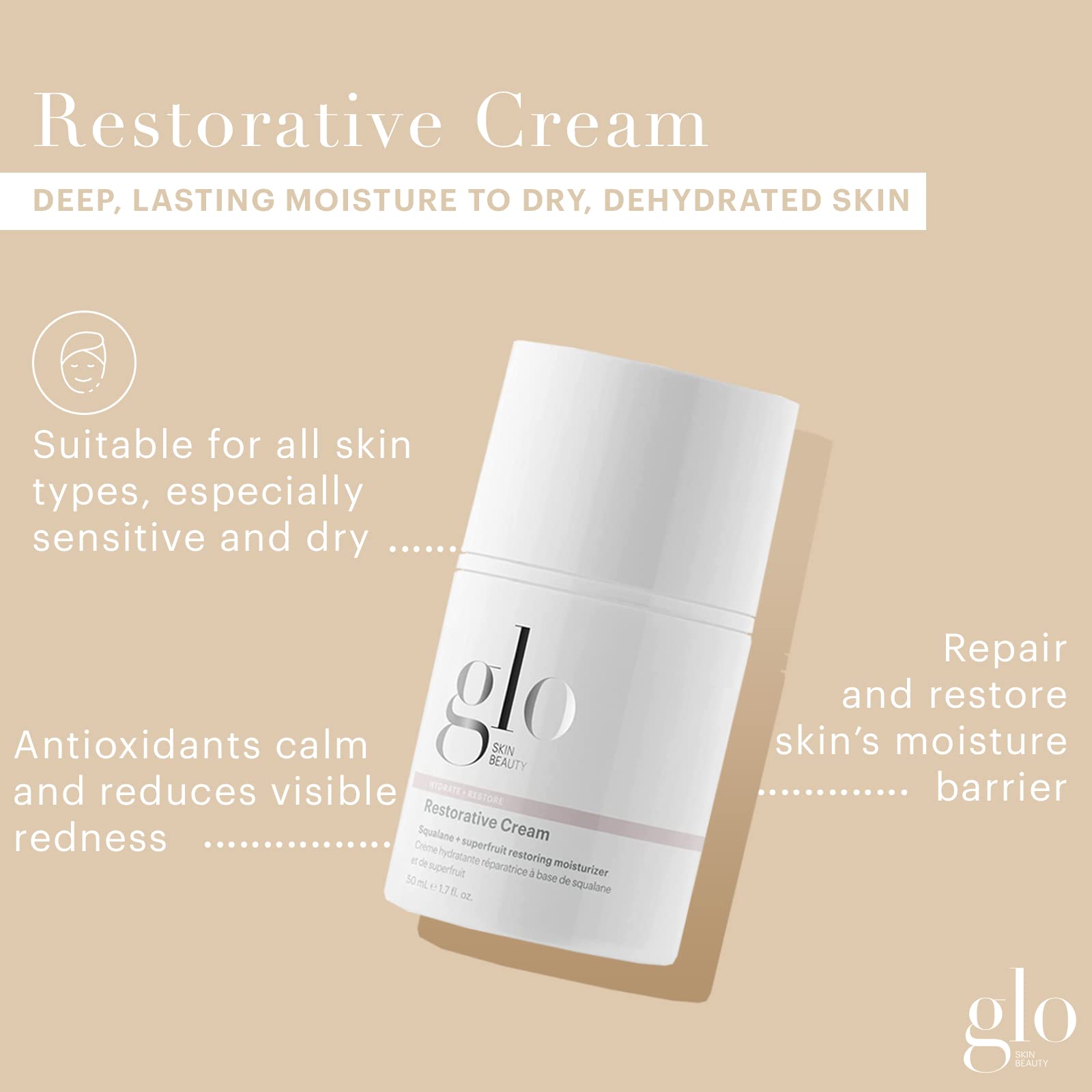 Glo Skin Beauty Restorative Cream massaged into the hand for hydration