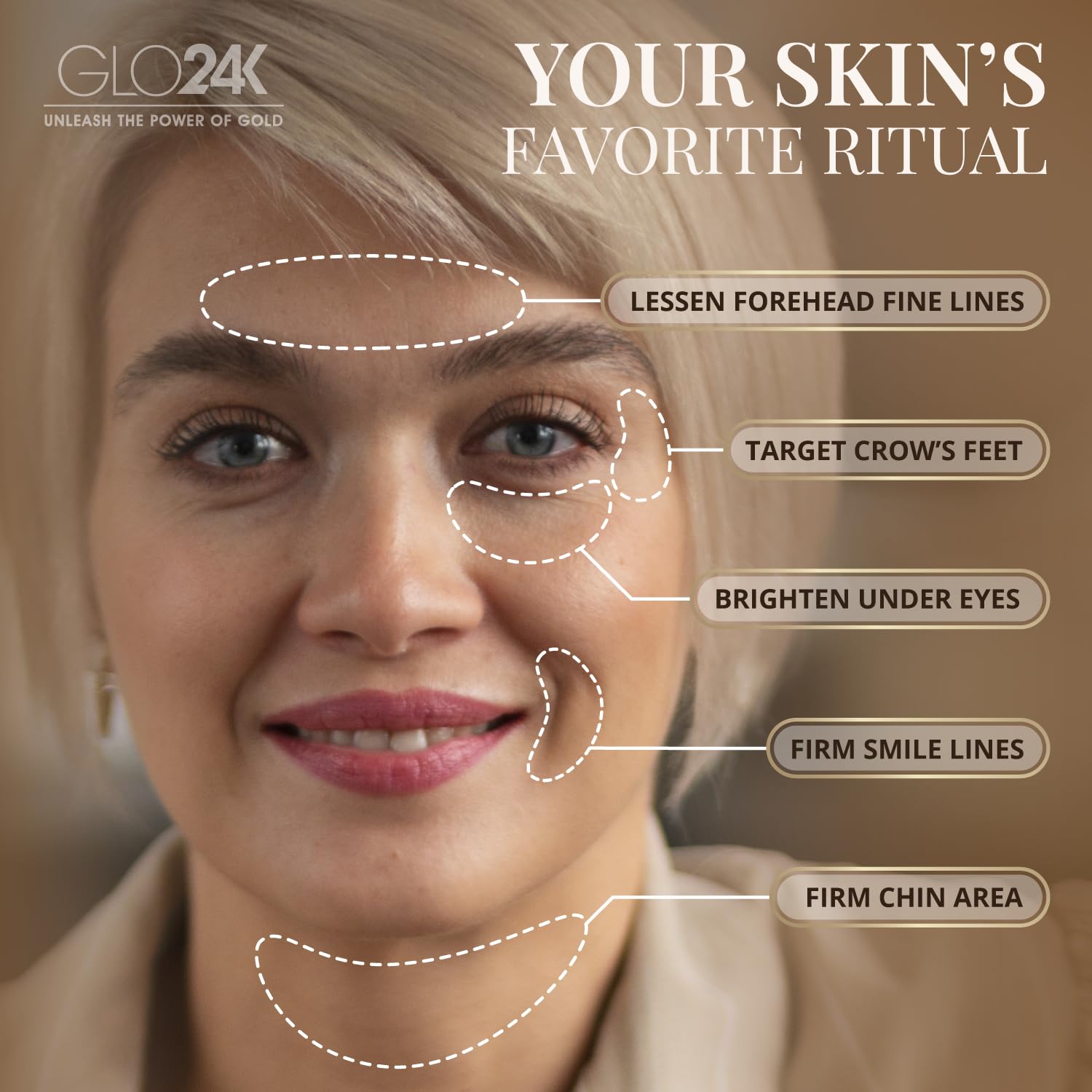 GLO24K 24k gold particles macro shot highlights luxurious glow for radiant-looking skin.