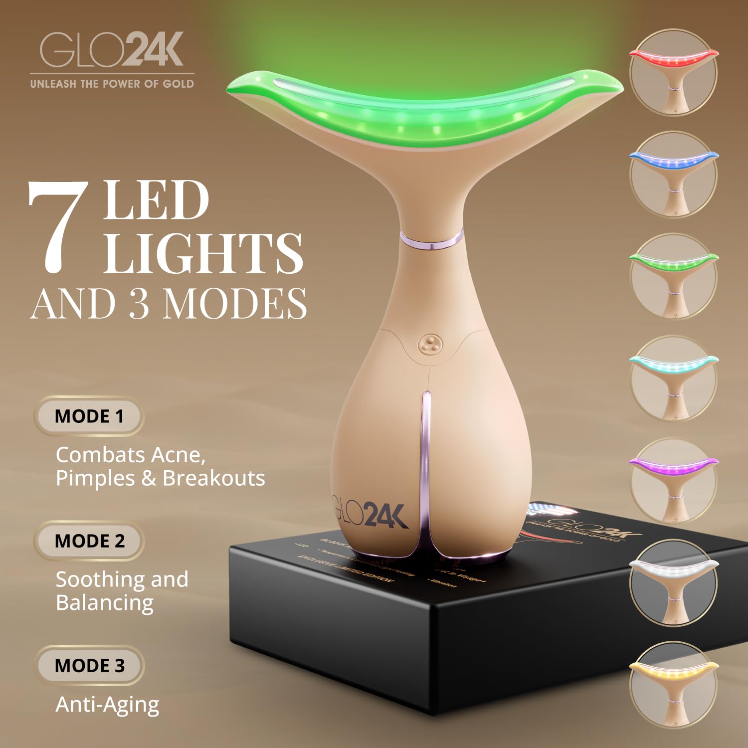 GLO24K 7 Color LED heads closeup demonstrates triple LED action for facial care.