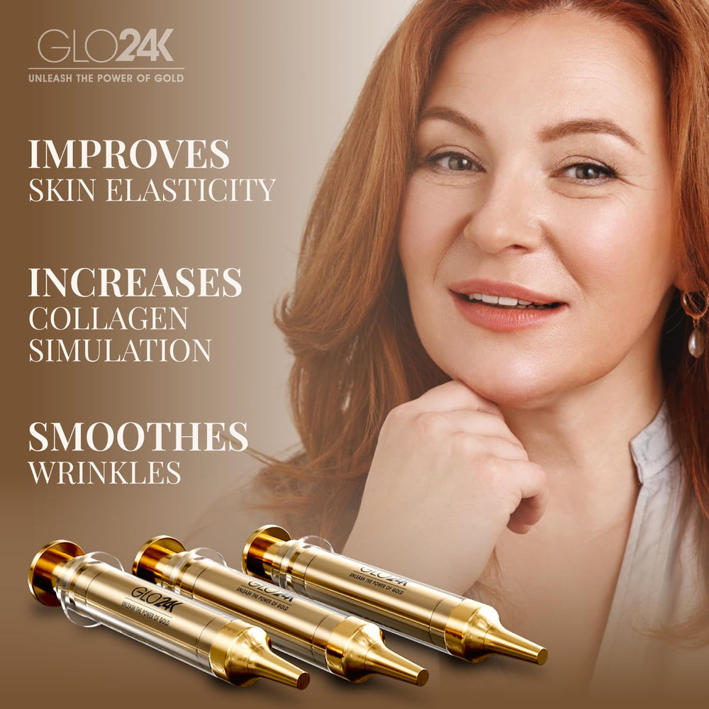 GLO24K hexapeptide-8 illustration highlights wrinkle-reducing action for a firmer appearance.