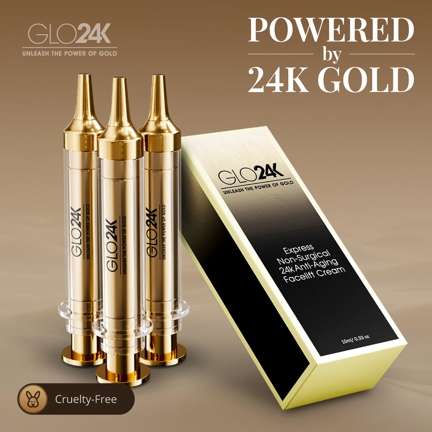 GLO24K Made-In-USA cruelty-free badge on packaging signals trusted, ethical skincare you can rely on.