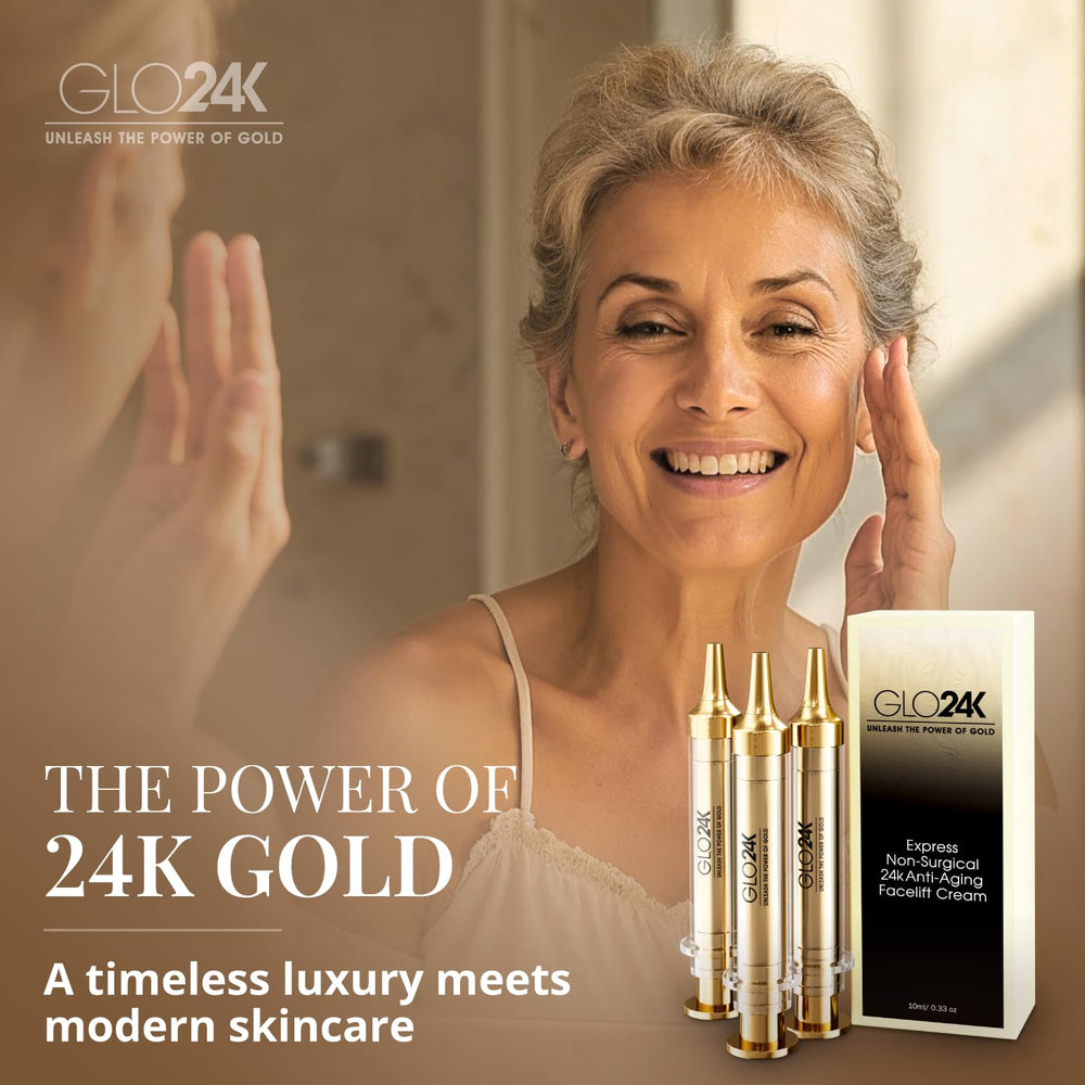 GLO24K no-needle syringe design shown for convenient at-home application and targeted use.