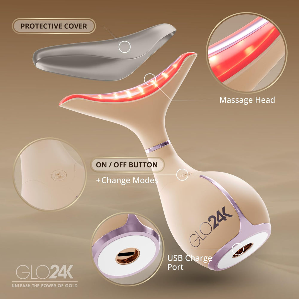 GLO24K red-light beauty device on skin emphasizes at-home spa benefits and gentle therapy.