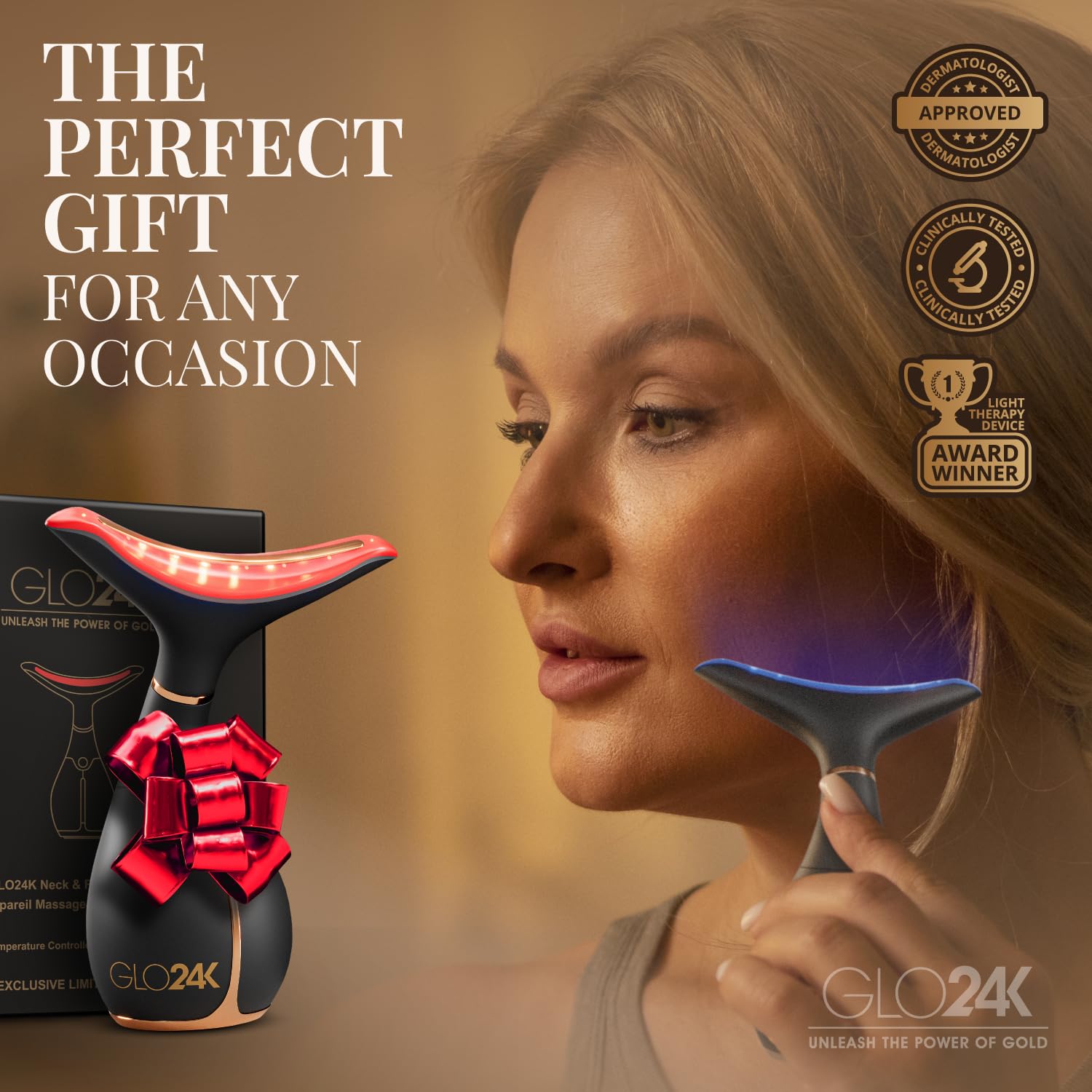 GLO24K sleek giftable beauty device in stylish packaging.