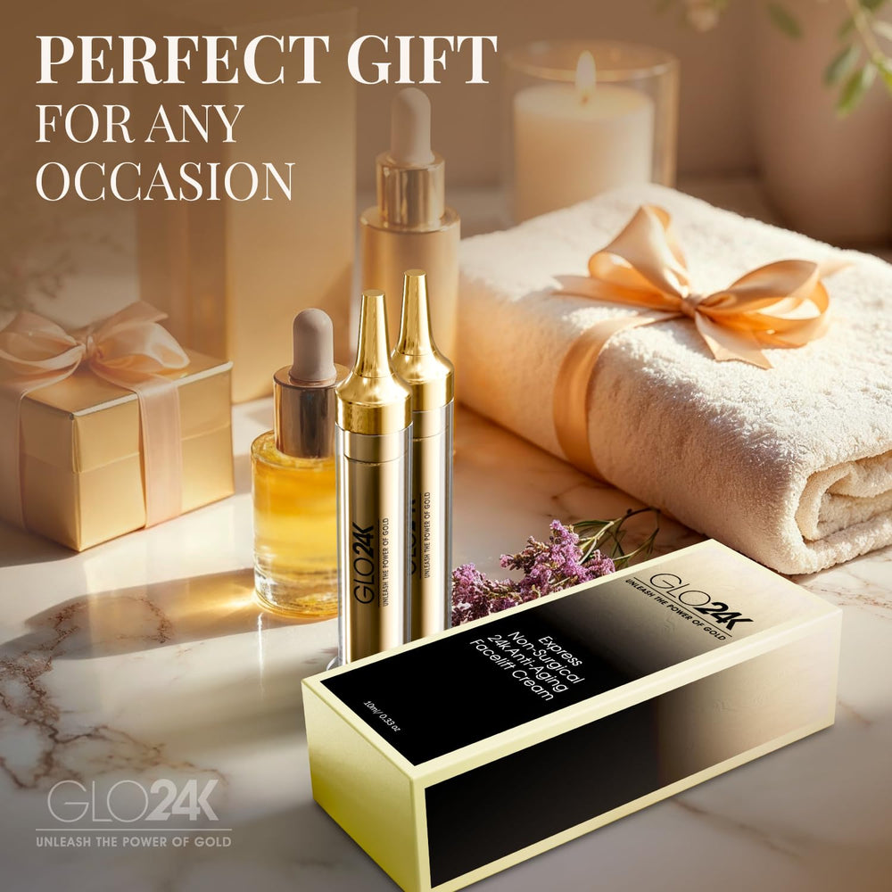 GLO24K smooth-skin result focus suggests improved texture and visible lift.