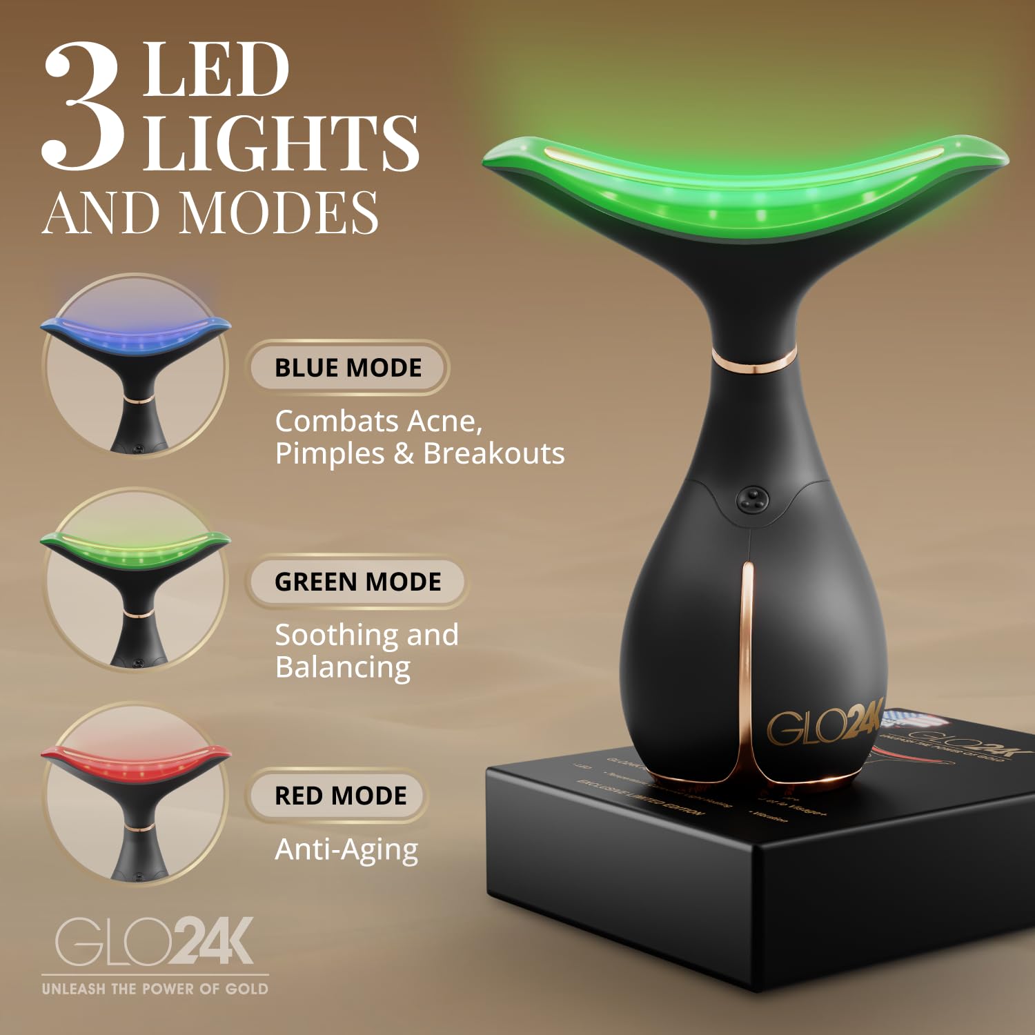 GLO24K triple-mode red-light massage highlights versatile treatment options.