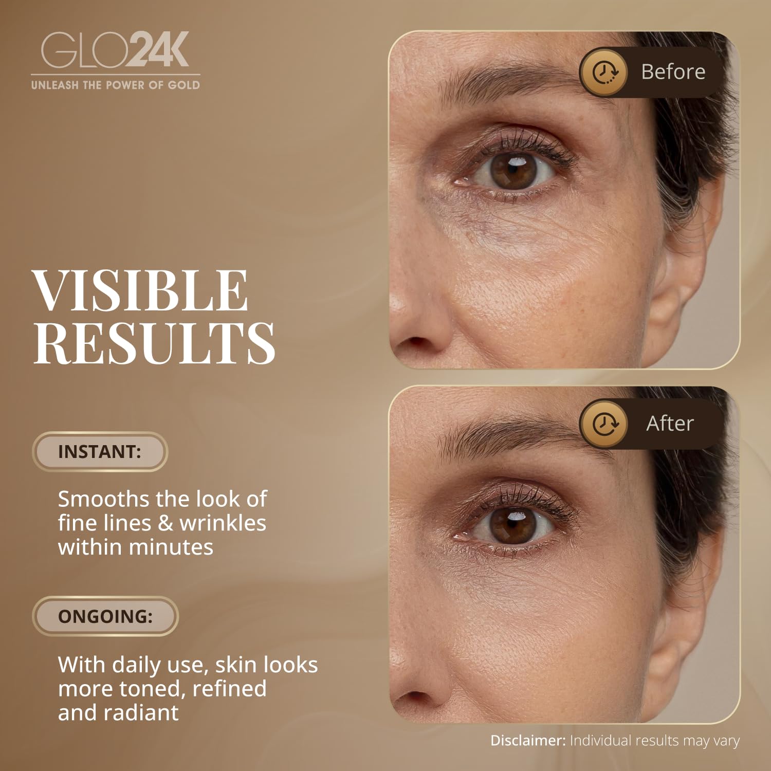 GLO24K vitamins A C E spotlight suggests antioxidant protection and skin nourishment.