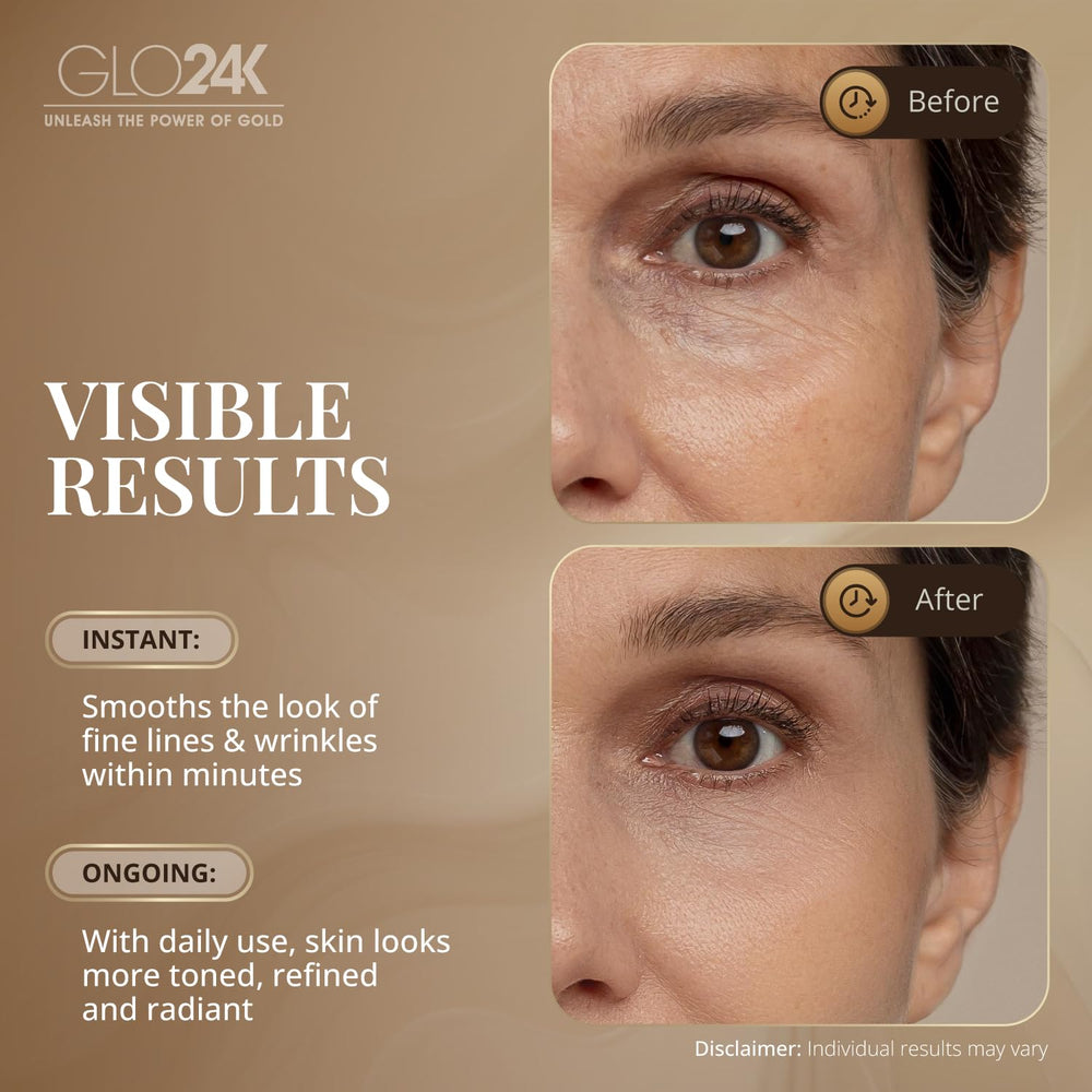 GLO24K vitamins A C E spotlight suggests antioxidant protection and skin nourishment.