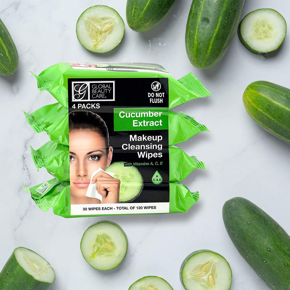 Global Beauty Care cucumber-label wipes highlight cucumber extract for refreshing, gentle cleansing.