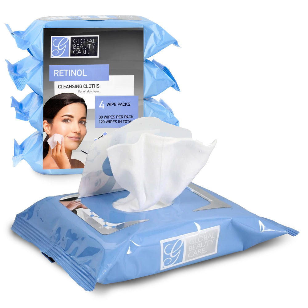 Global Beauty Care Retinol Cleansing Wipes 120-count pack promotes easy cleansing and hydration.
