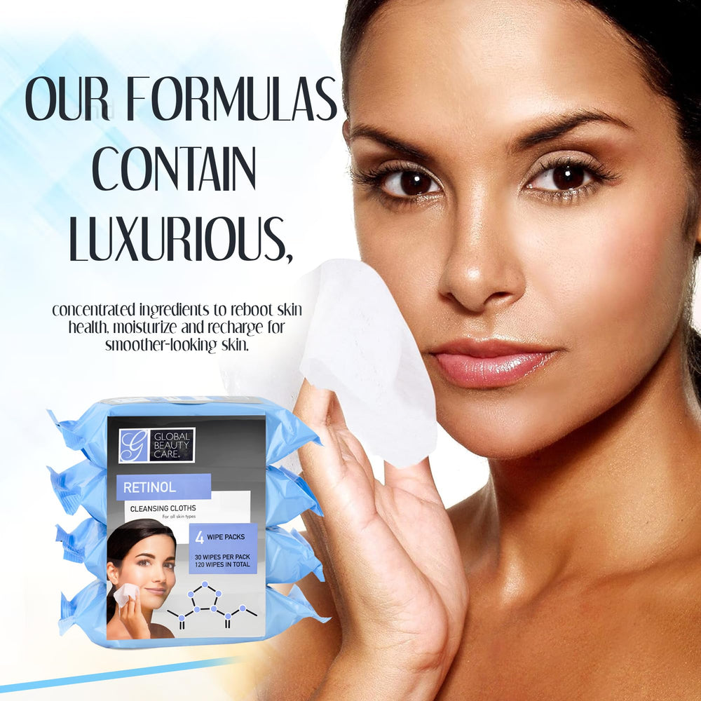 Global Beauty Care Retinol Cleansing Wipes paraben-free and non-comedogenic daily use.