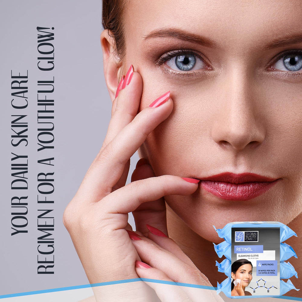 Global Beauty Care Retinol Cleansing Wipes travel-friendly four-pack ideal for home or on-the-go.