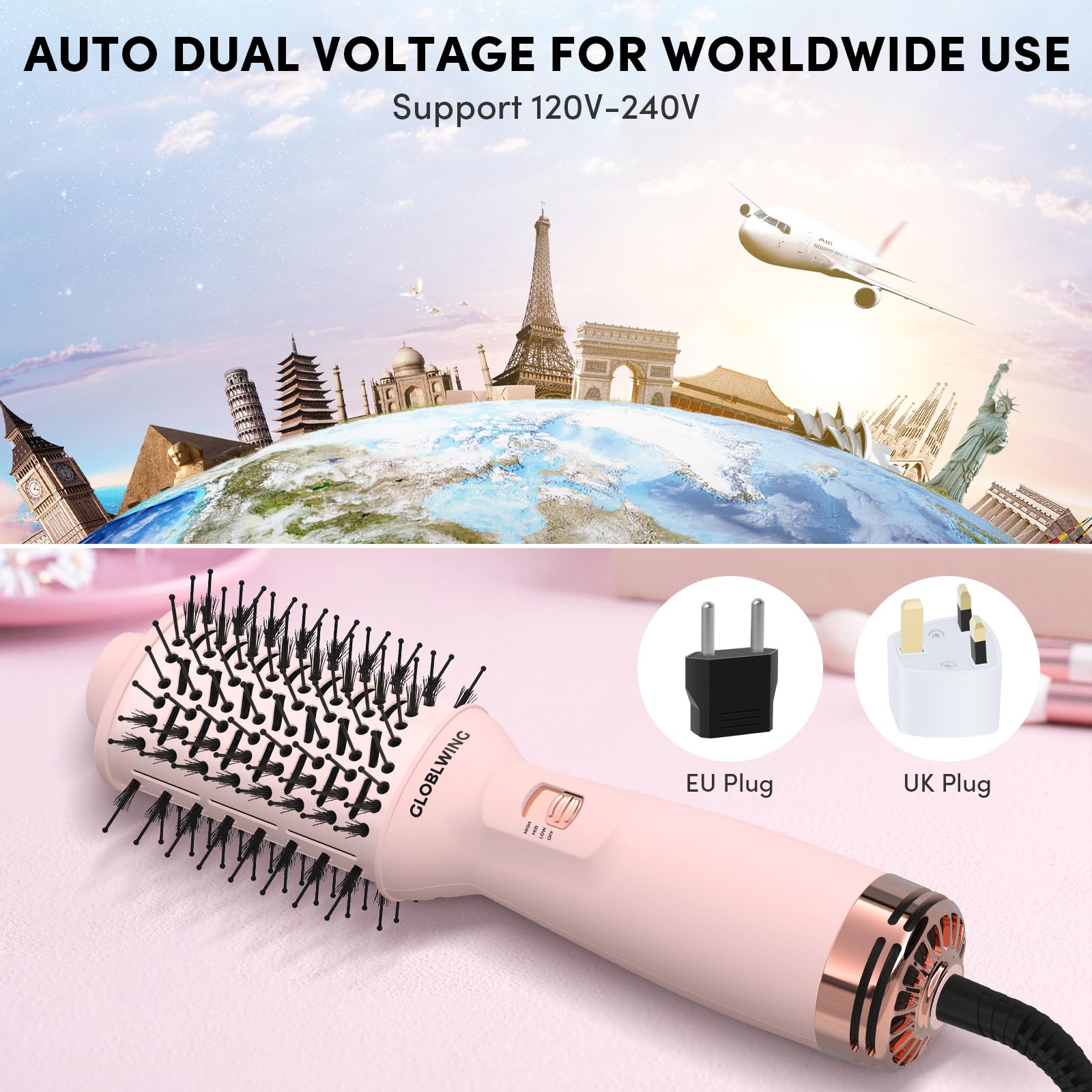 GLOBLWING compact travel-size dryer brush fits one-handed use for quick touch-ups.