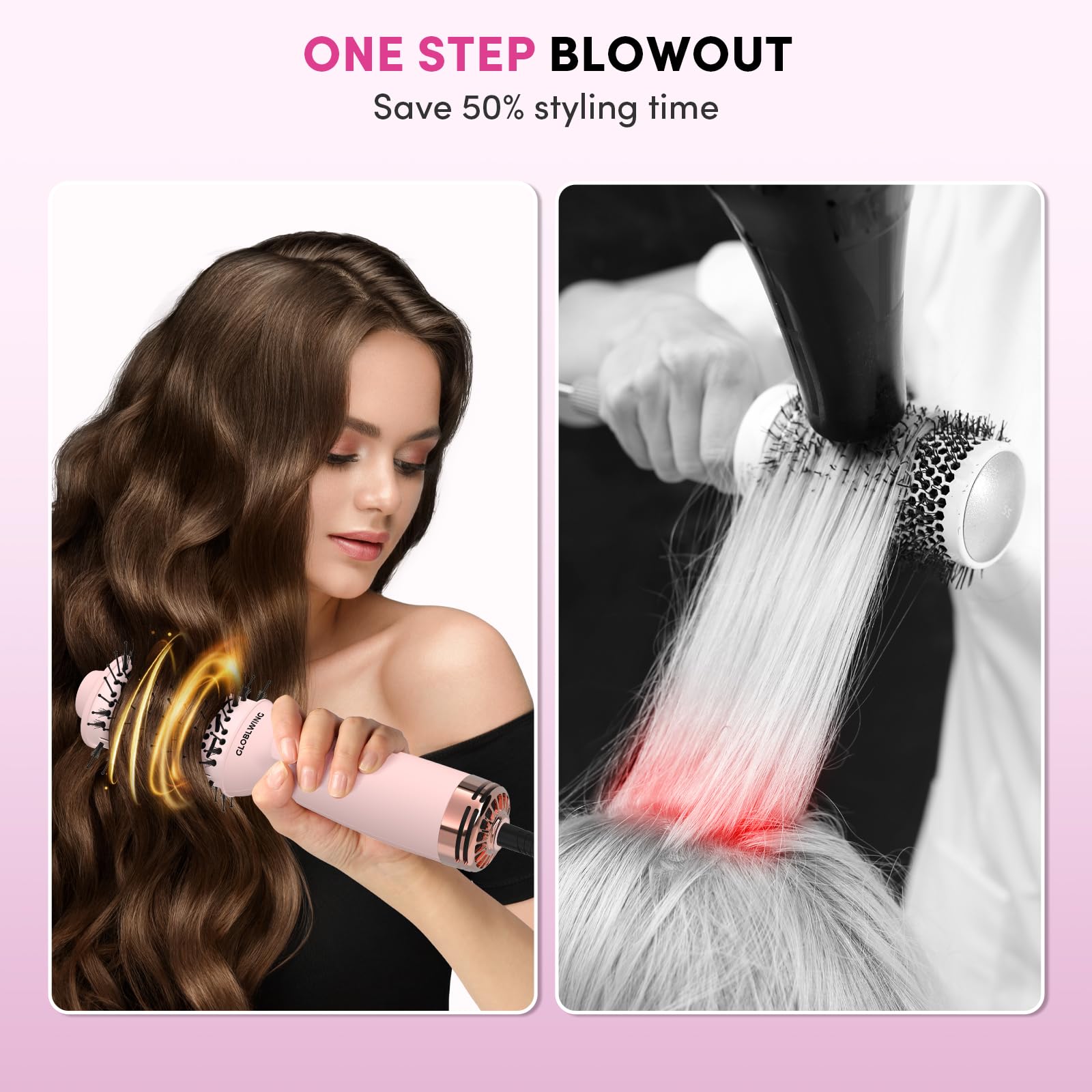 GLOBLWING not-rotating-oval-brush keeps strands smooth without tangling.