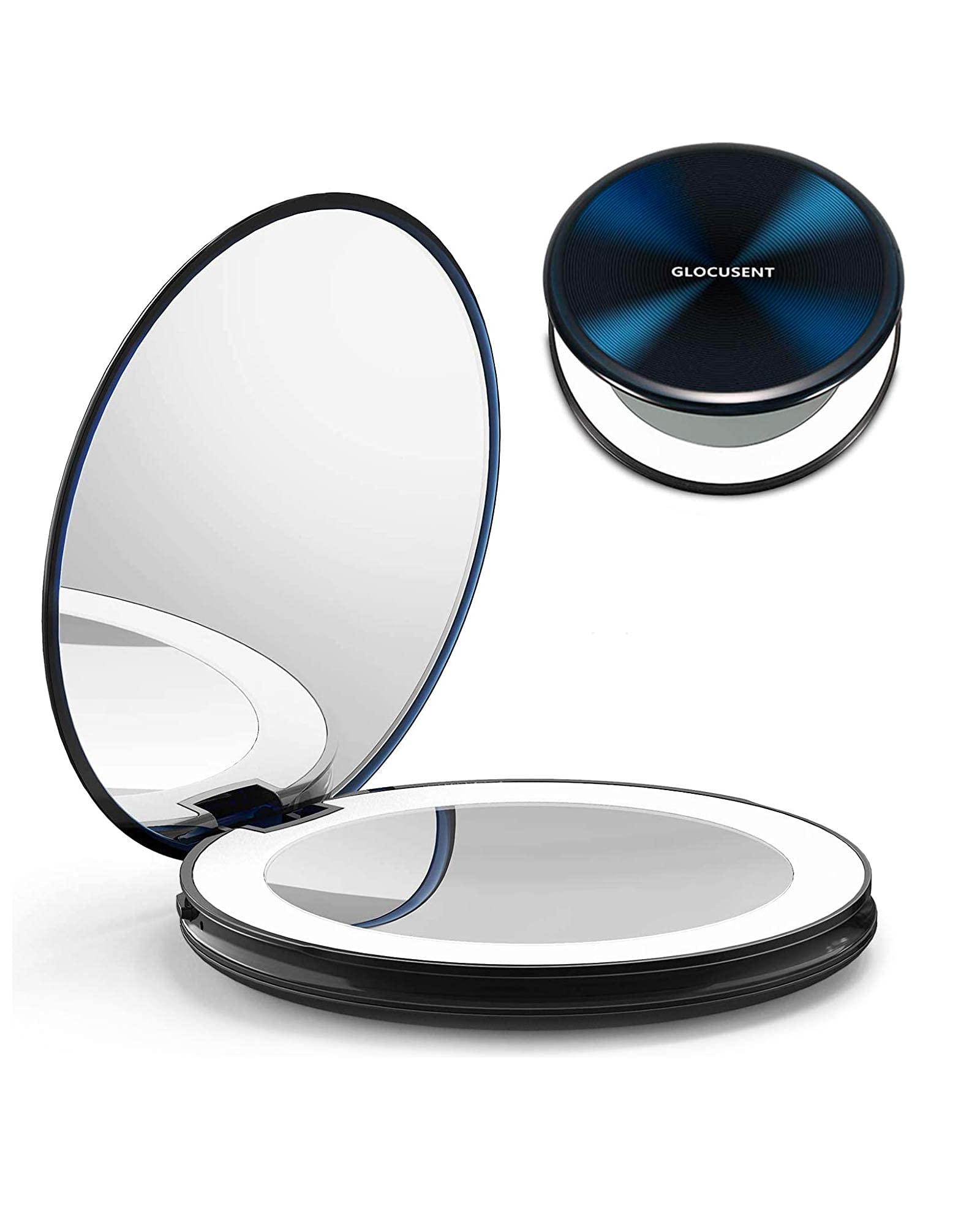 Glocusent compact makeup mirror shows 1x and 10x magnification for precise makeup