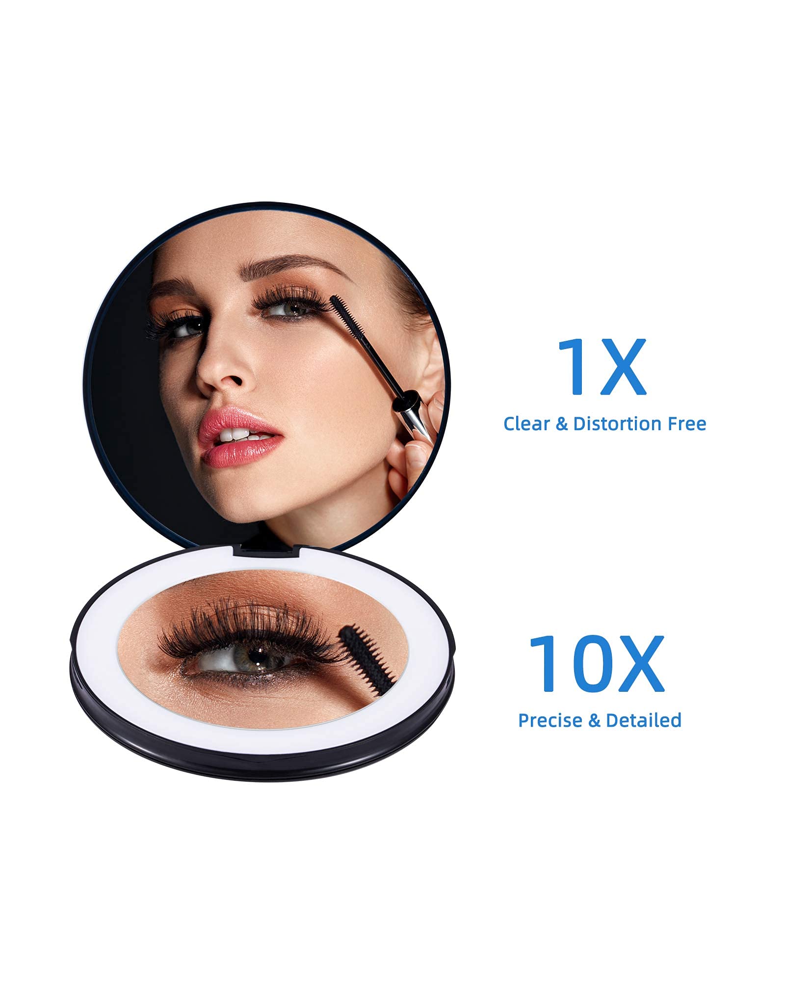 Glocusent compact makeup mirror ring light on 10x side provides bright soft illumination for close details
