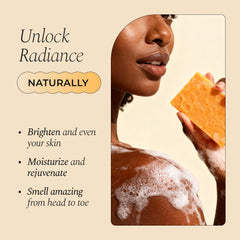 Glo Melanin turmeric soap face application showing gentle cleansing for even skin tone.