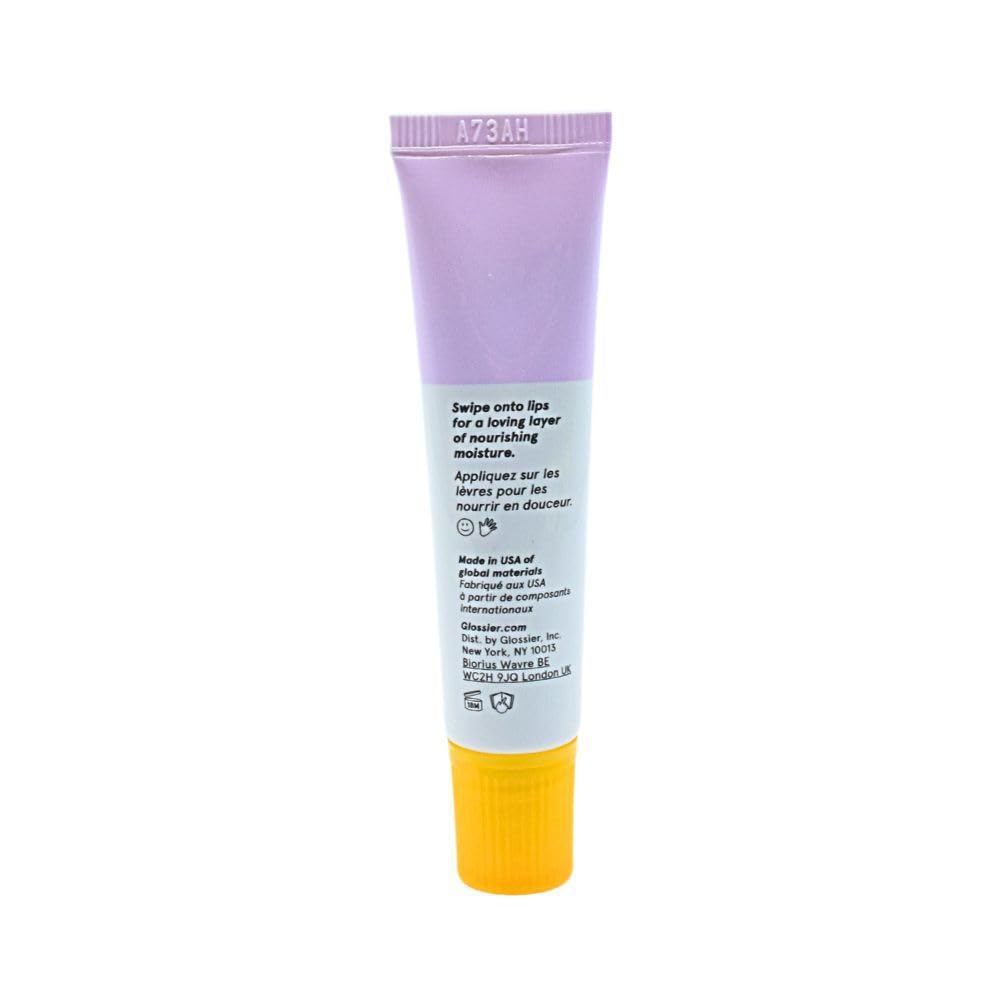 Glossier Balm Dotcom Lavender texture swatch reveals sheer purple tint and conditioning feel