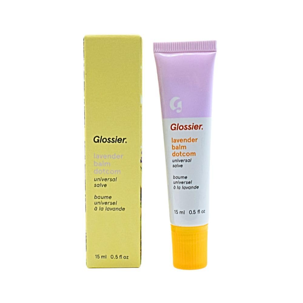 Glossier Balm Dotcom Lavender tube closeup shows rich hydration for dry lips