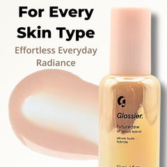 Glossier Futuredew pump application captured mid-use for radiant priming.