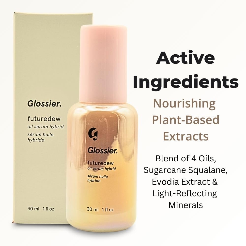 Glossier Futuredew worn under makeup for enhanced dewy radiance.