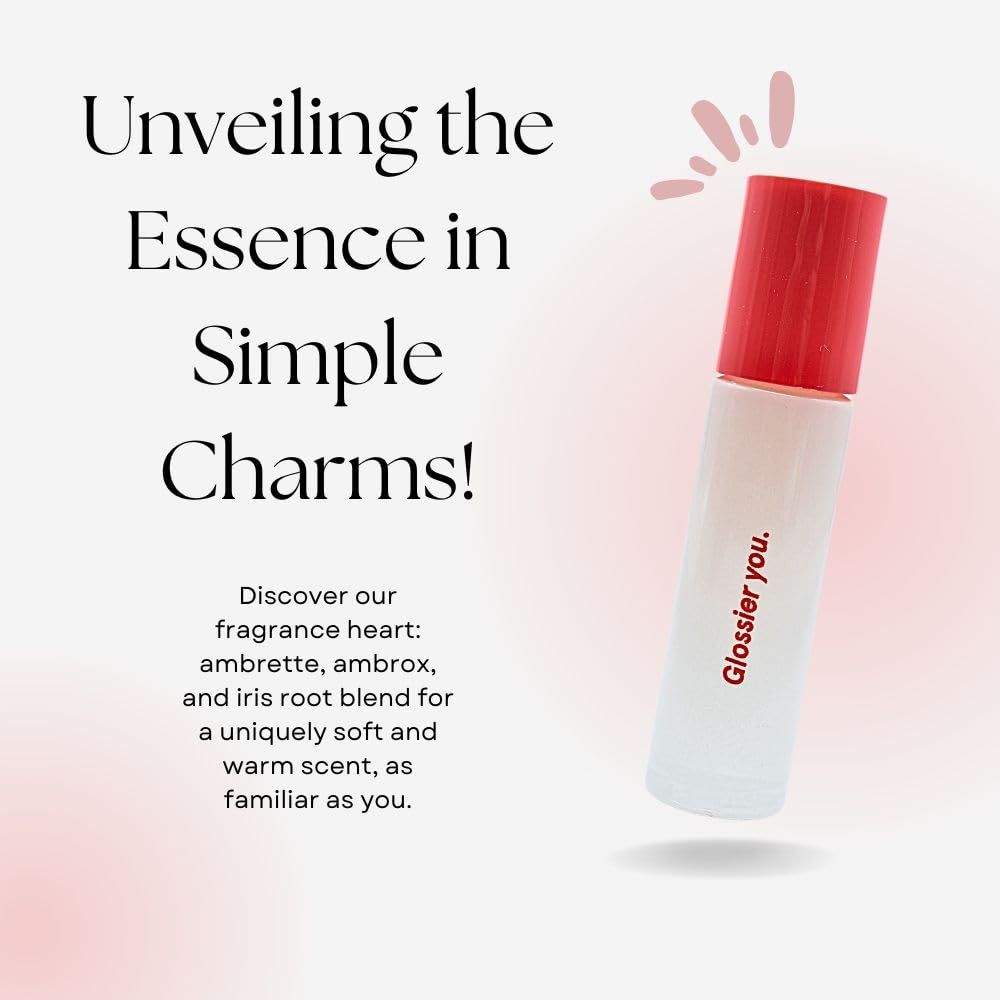 Glossier You scent notes pink pepper highlighted in a compact bottle.