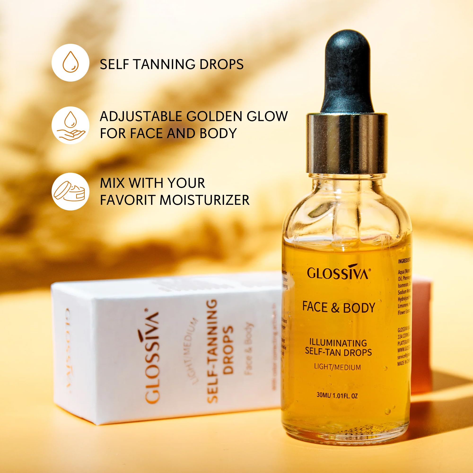Glossiva Self Tanning Drops application scene shows smooth, even glow.