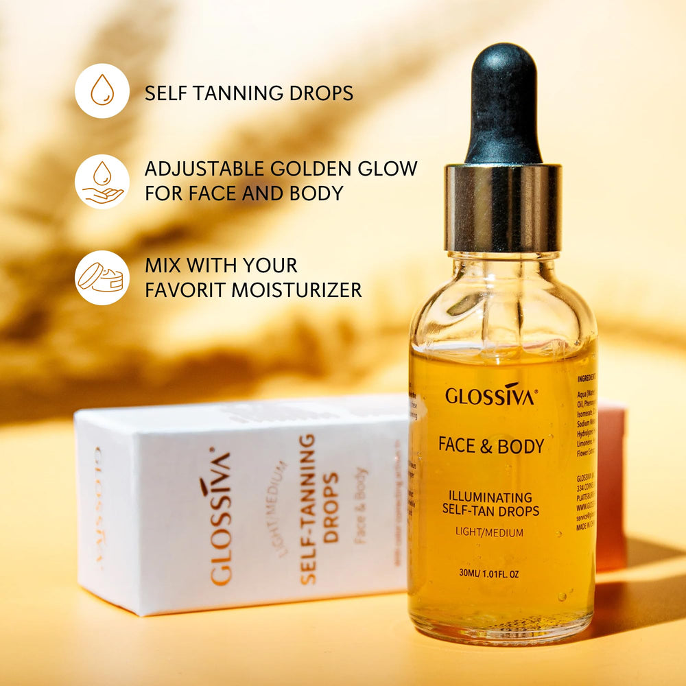 Glossiva Self Tanning Drops application scene shows smooth, even glow.