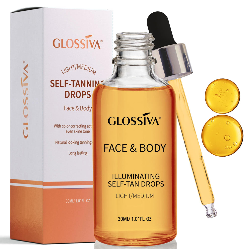Glossiva Self Tanning Drops bottle for at-home sunless tan.