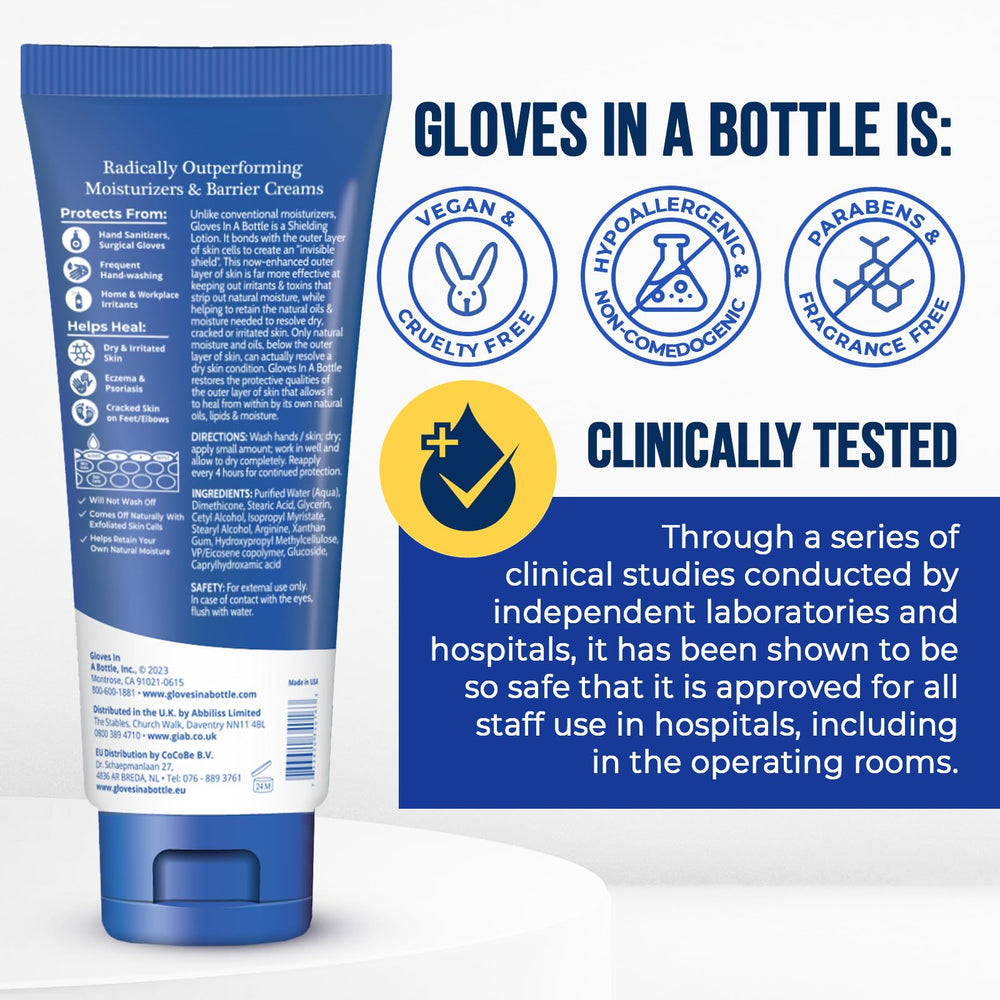 Gloves In A Bottle hypoallergenic vegan cruelty-free label signaling safe care.