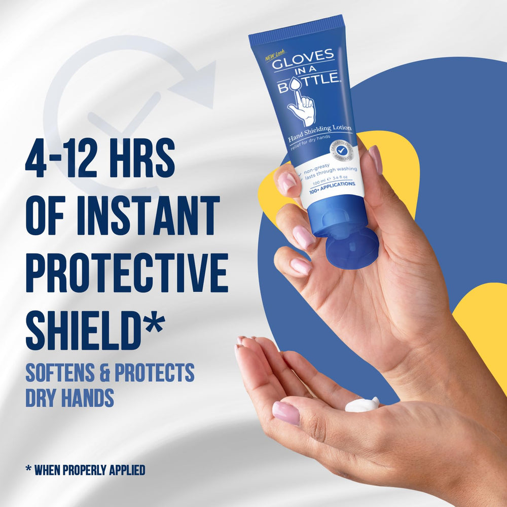 Gloves In A Bottle psoriasis relief hand lotion close-up highlights smooth, non-greasy absorption.