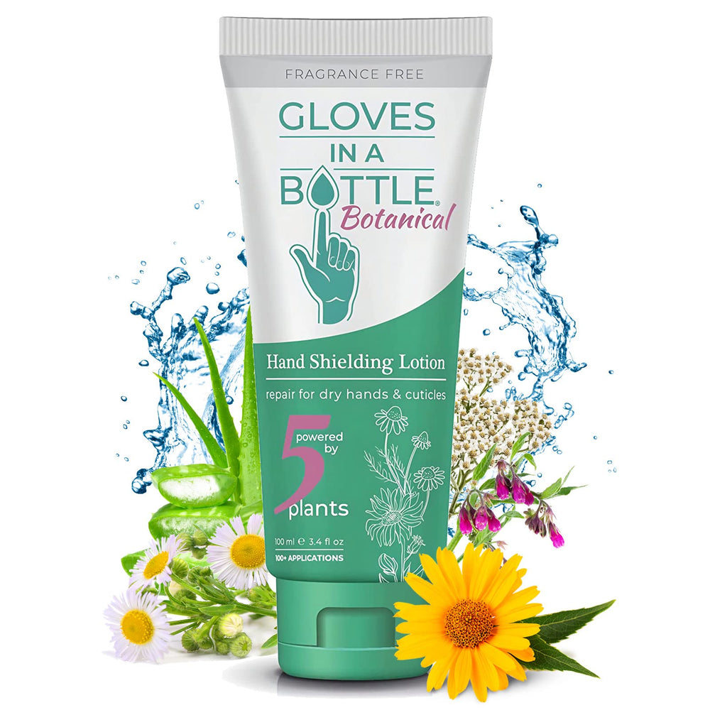 Gloves In A Bottle shielding lotion botanical bottle—lightweight protection for dry skin.