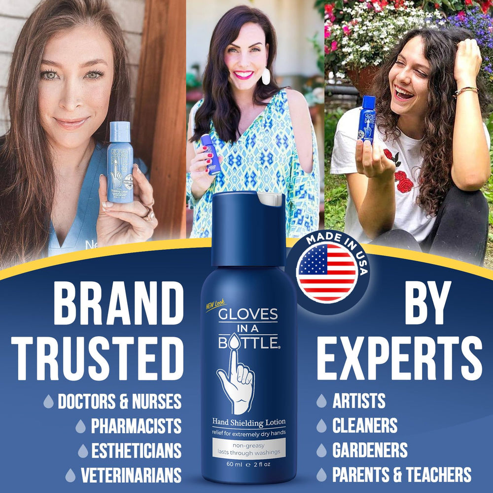 Gloves in a Bottle Shielding Lotion ingredients-fda-safe badge emphasizing gentle, vegan formula