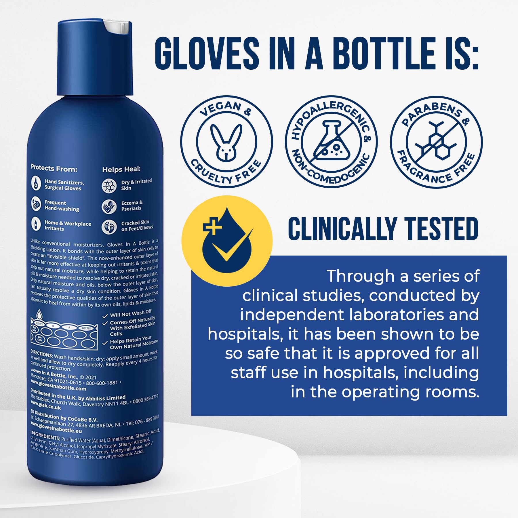 Gloves In A Bottle Shielding Lotion ingredients graphic highlights skin-friendly barrier ingredients.