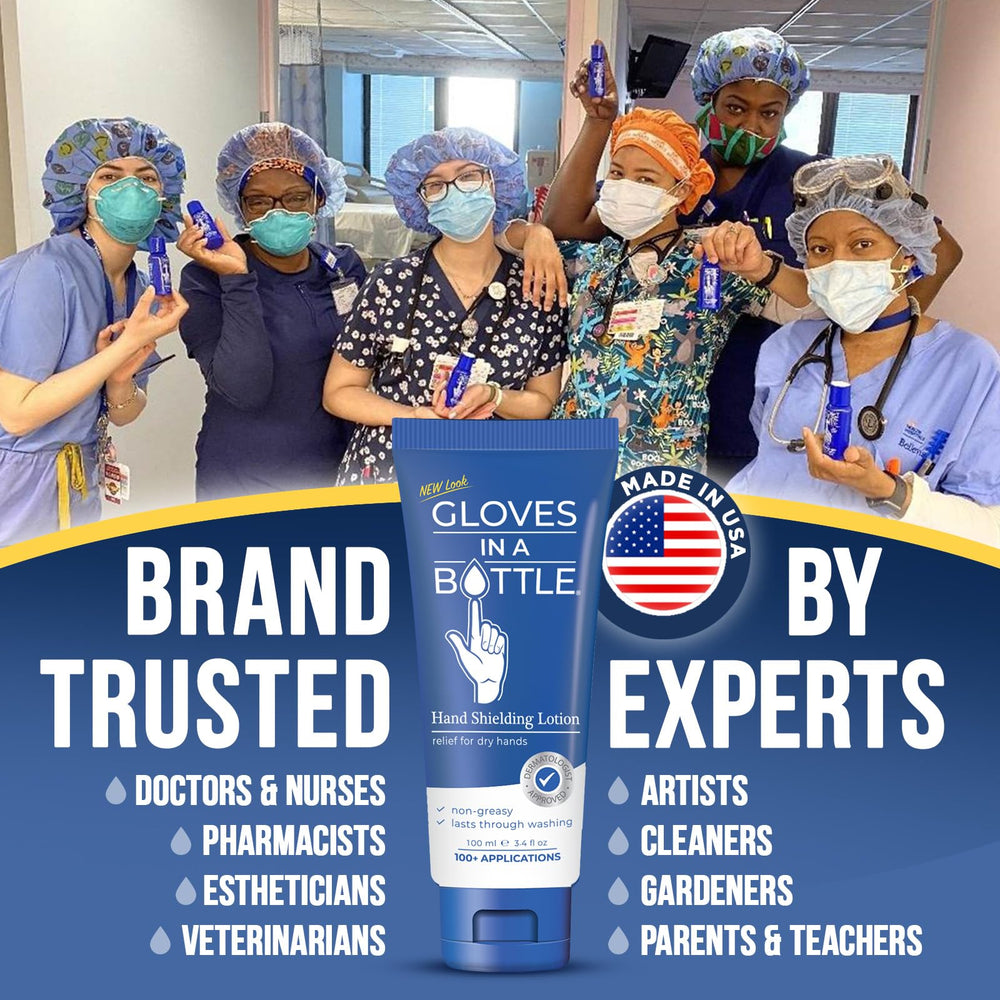 Gloves In A Bottle USA-made ingredients label highlights FDA-safe components.