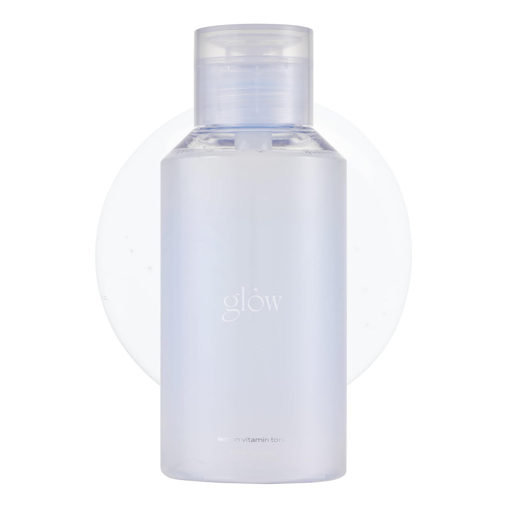 Glow lemon vitamin toner bottle highlights hydrating, lightweight feel for refreshed skin.