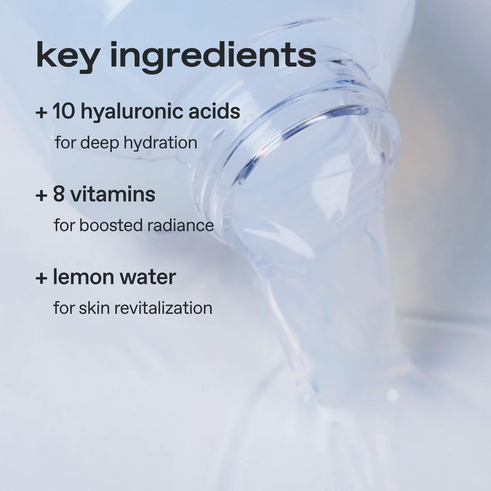Glow lemon vitamin toner Jeju lemon water feature portrayed as refreshing hydration.