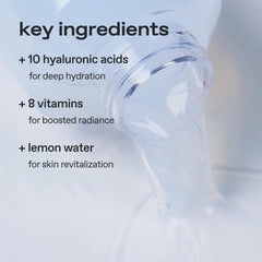Glow lemon vitamin toner Jeju lemon water feature portrayed as refreshing hydration.