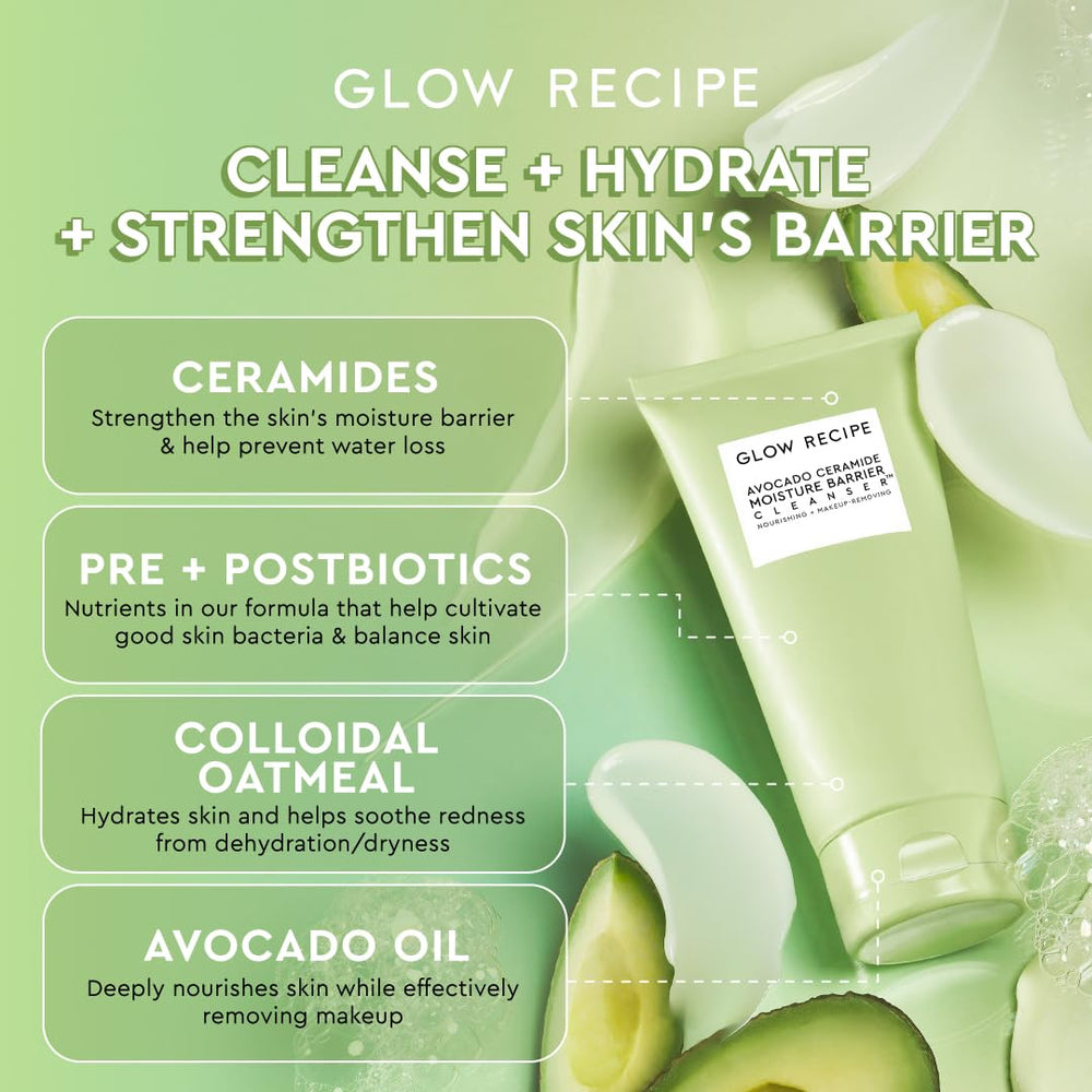Glow Recipe Avocado Ceramide Cleanser pump action foams softly for radiant clean skin