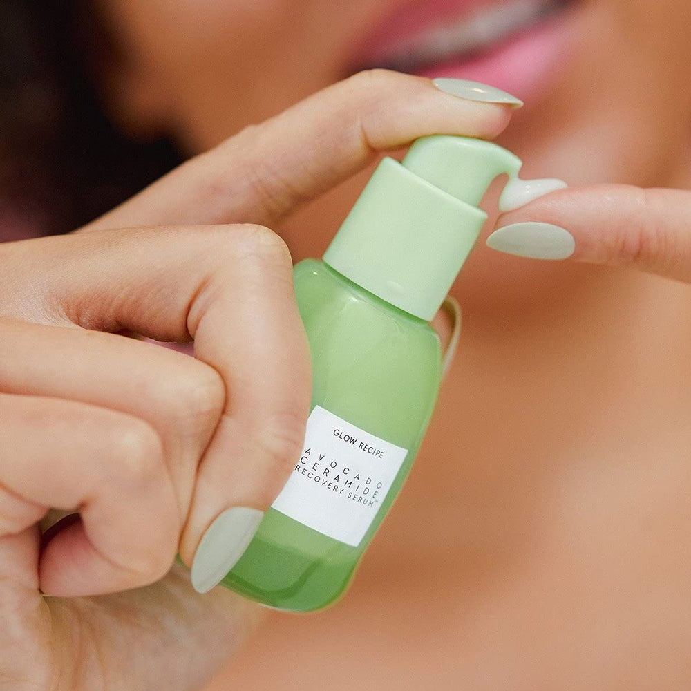 Glow Recipe Avocado Ceramide Serum swirl demonstrates milky texture for sensitive skin comfort