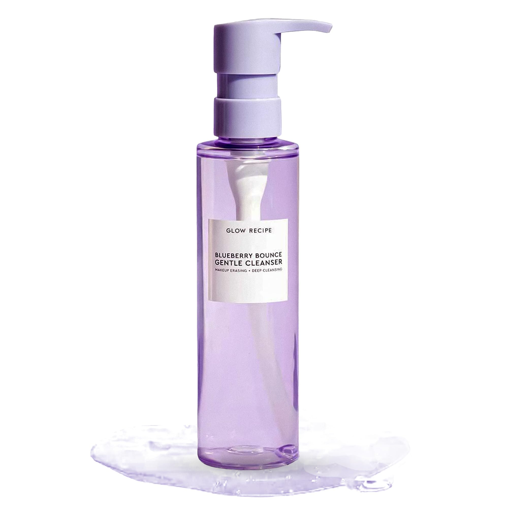 Glow Recipe Blueberry Bounce cleanser pump bottle showing hydrating foam for makeup removal